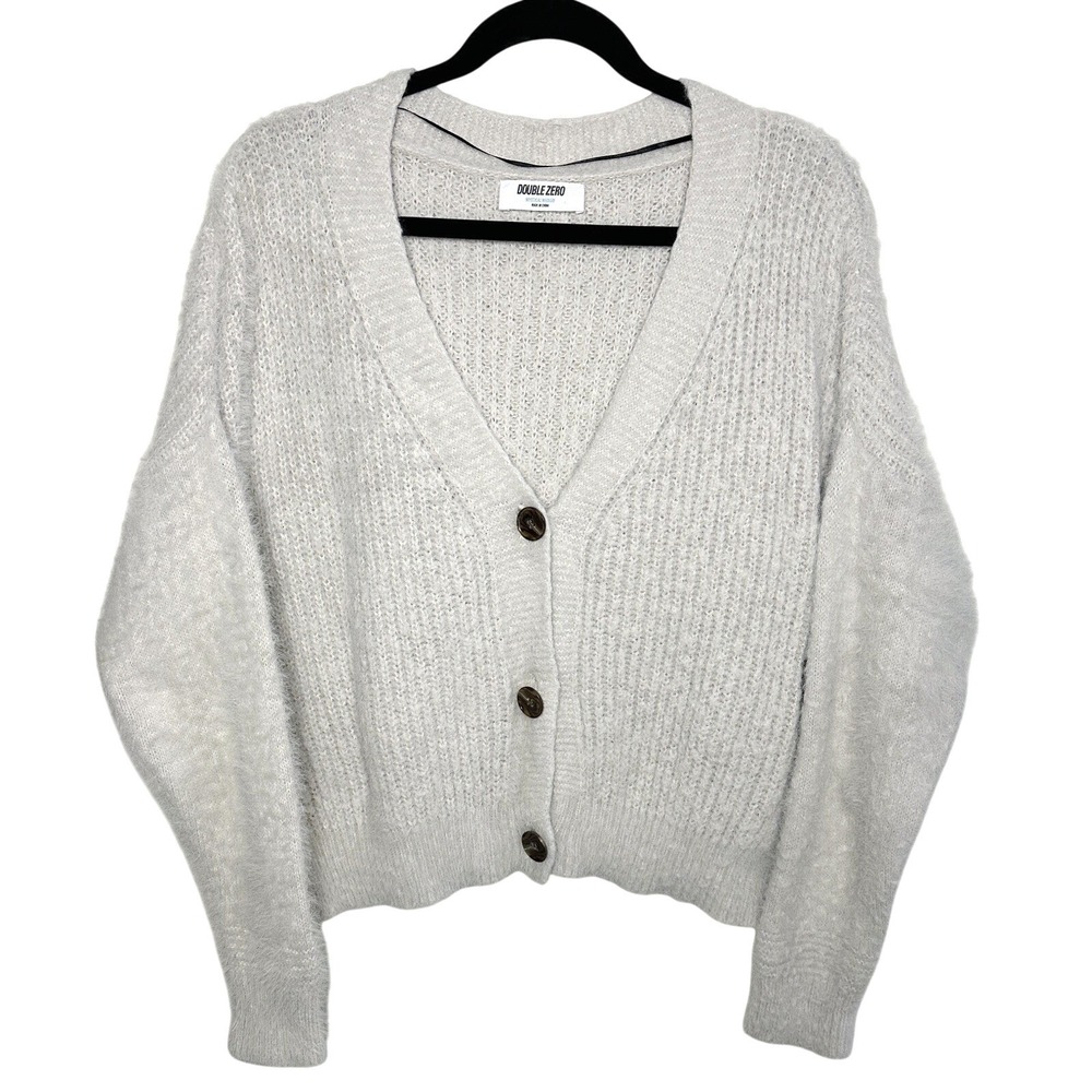 Double Zero Women's Oversized Fuzzy Cardigan Size M Gray Button Front Cozy Knit‎